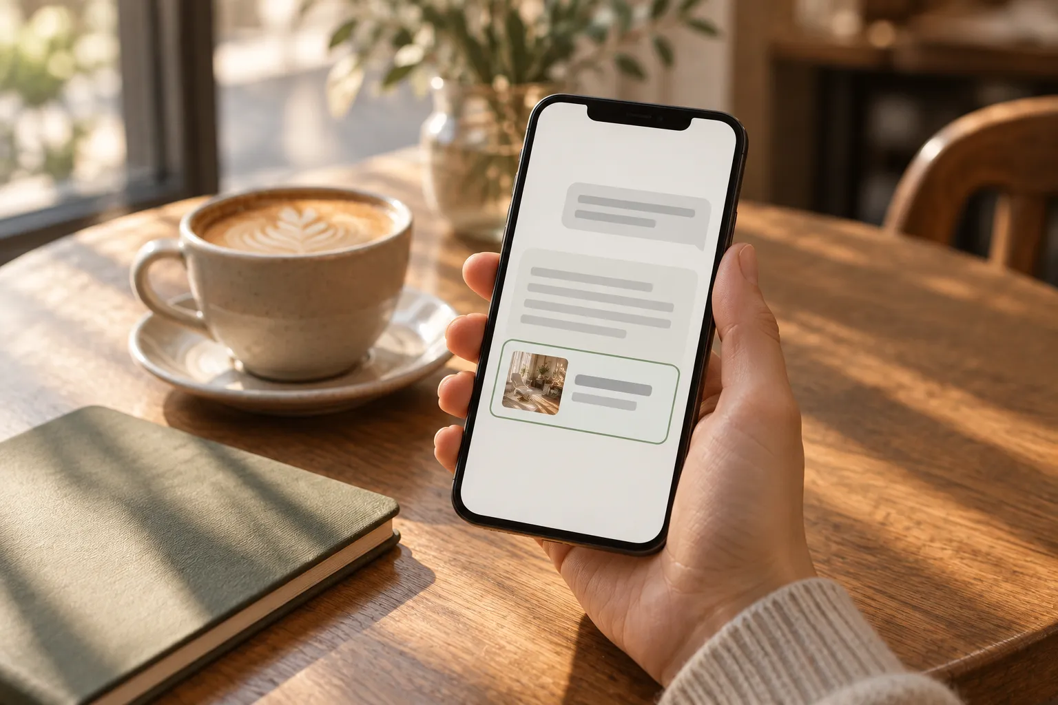 Ein Smartphone in der Hand über einem Cafétisch zeigt einen KI-Chat; in der Antwort sticht eine einzelne Quellenkarte hervor.