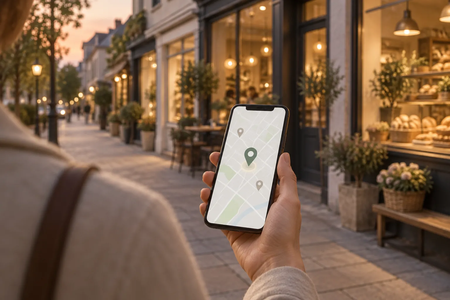 Ein Smartphone in der Hand auf einer Einkaufsstraße am frühen Abend; auf der Karte sticht eine von drei Markierungen hervor, dahinter das beleuchtete Schaufenster einer Bäckerei.