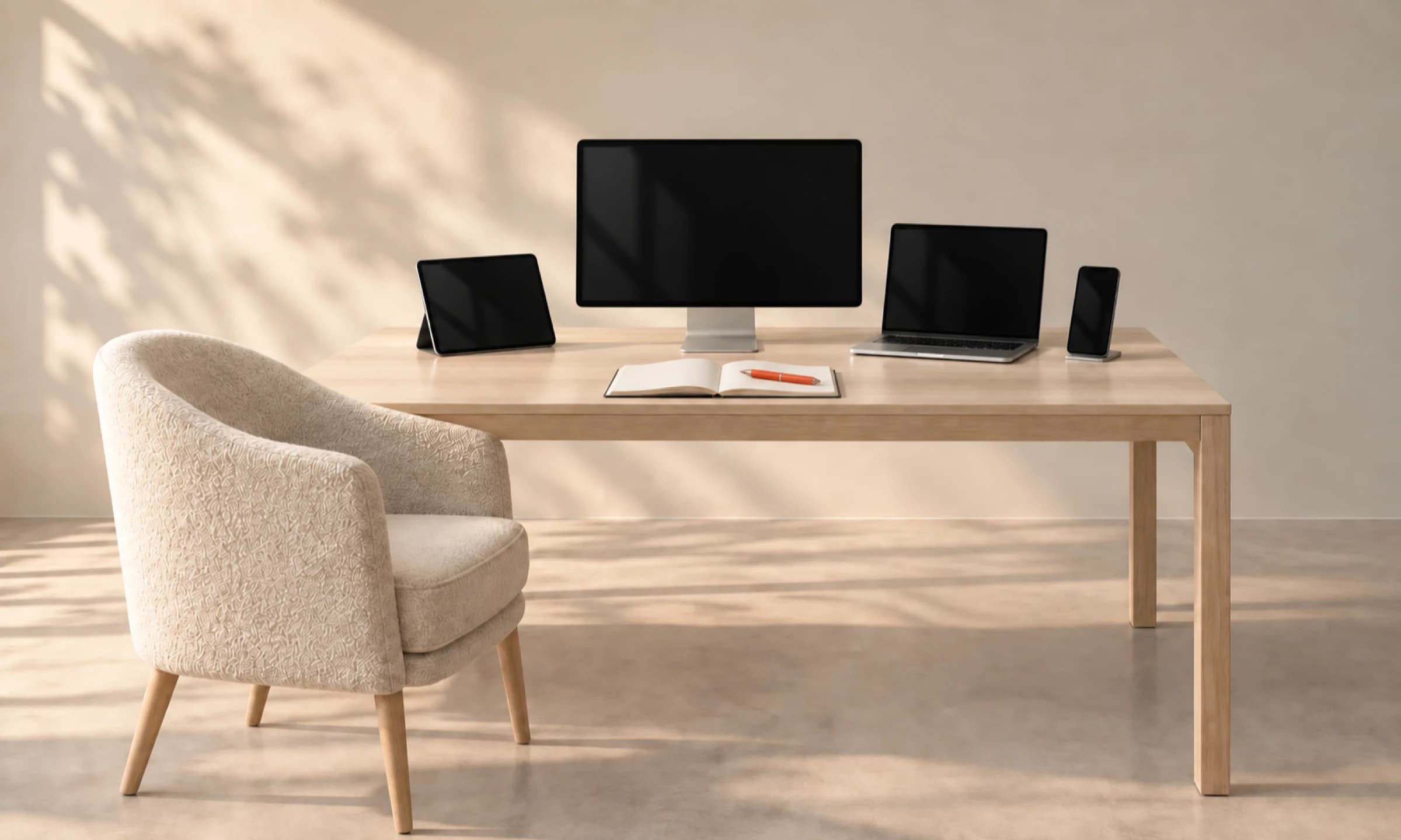 Ein Arbeitstisch neben einem einzelnen cremefarbenen Sessel mit Monitor, Laptop, Tablet, Smartphone und einem aufgeschlagenen Notizbuch mit orangefarbenem Stift.
